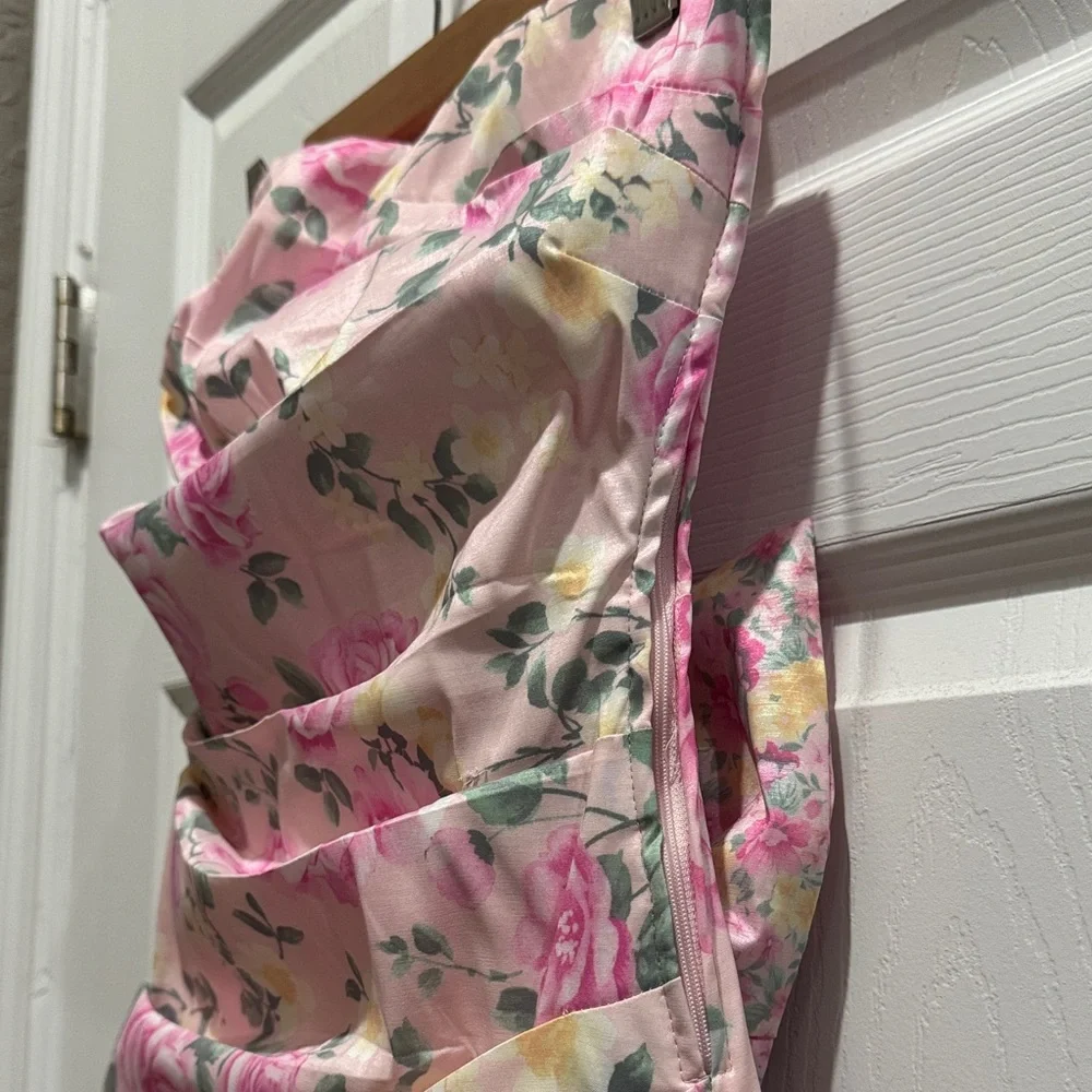 Pink Floral Strapless Ruched Mini Dress - Picture 2 of 8